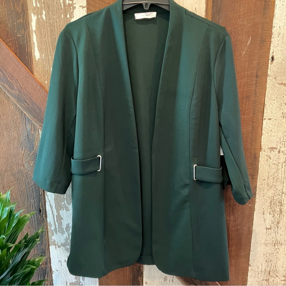 NWT Retrology Tartan Green Collarless Blazer XL with 3/4 length Sleeves